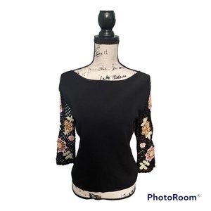 Joseph A. Black Office-core Blouse Size L Floral 3/4 Crochet Cottagecore Sleeves